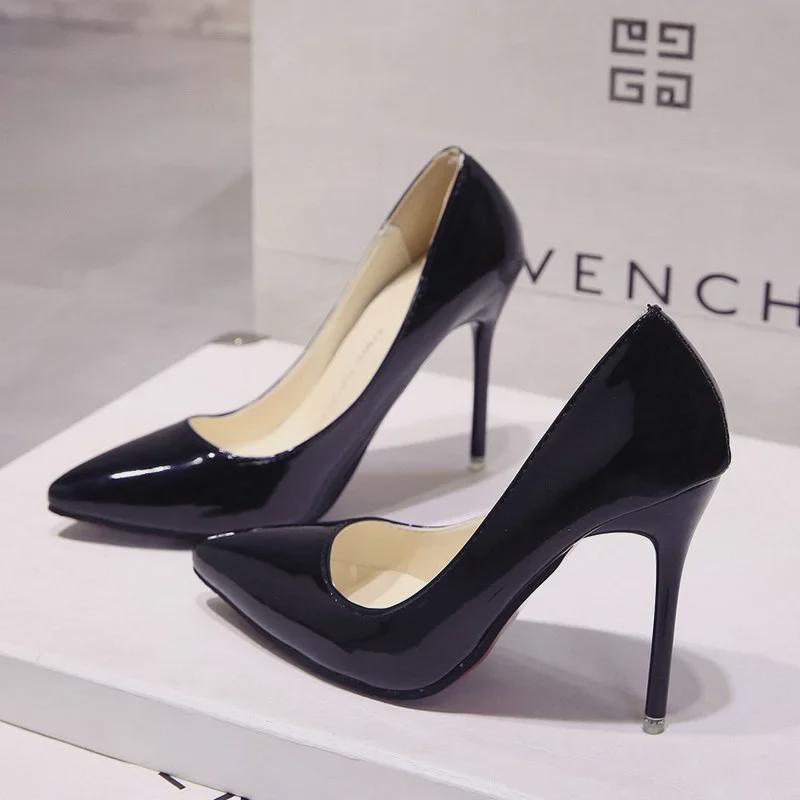 2024 High-Grade Round-Toe PU Summer Heels, Korean Style, 10cm, Black with Red Sole - Women's Fashion