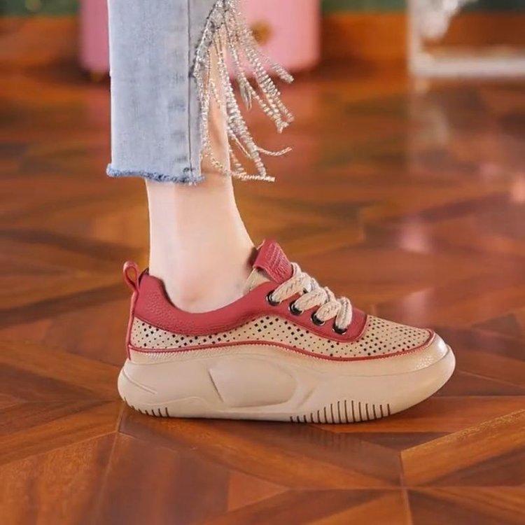 

Маленькие белые туфли женские 2024 лето новые полые дышащие туфли с отверстиями универсальные на толстой подошве в стиле маффин повседневные спортивные кроссовки для папы 40 красный