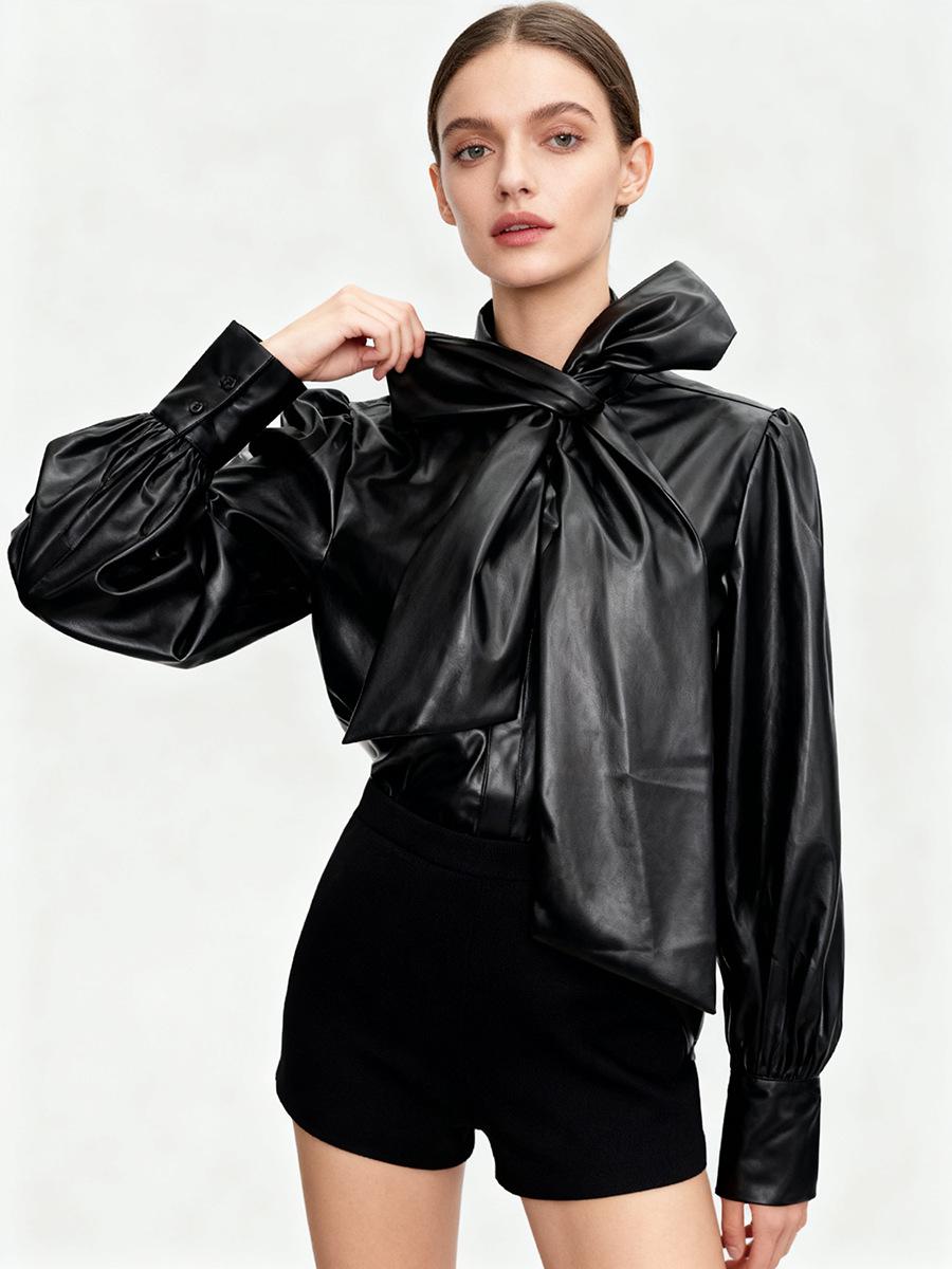 

2026 Spring French Lace-Up Top: Elegant High-End Fashion Versatile Loose Slimming Shirt for Women Small чёрный
