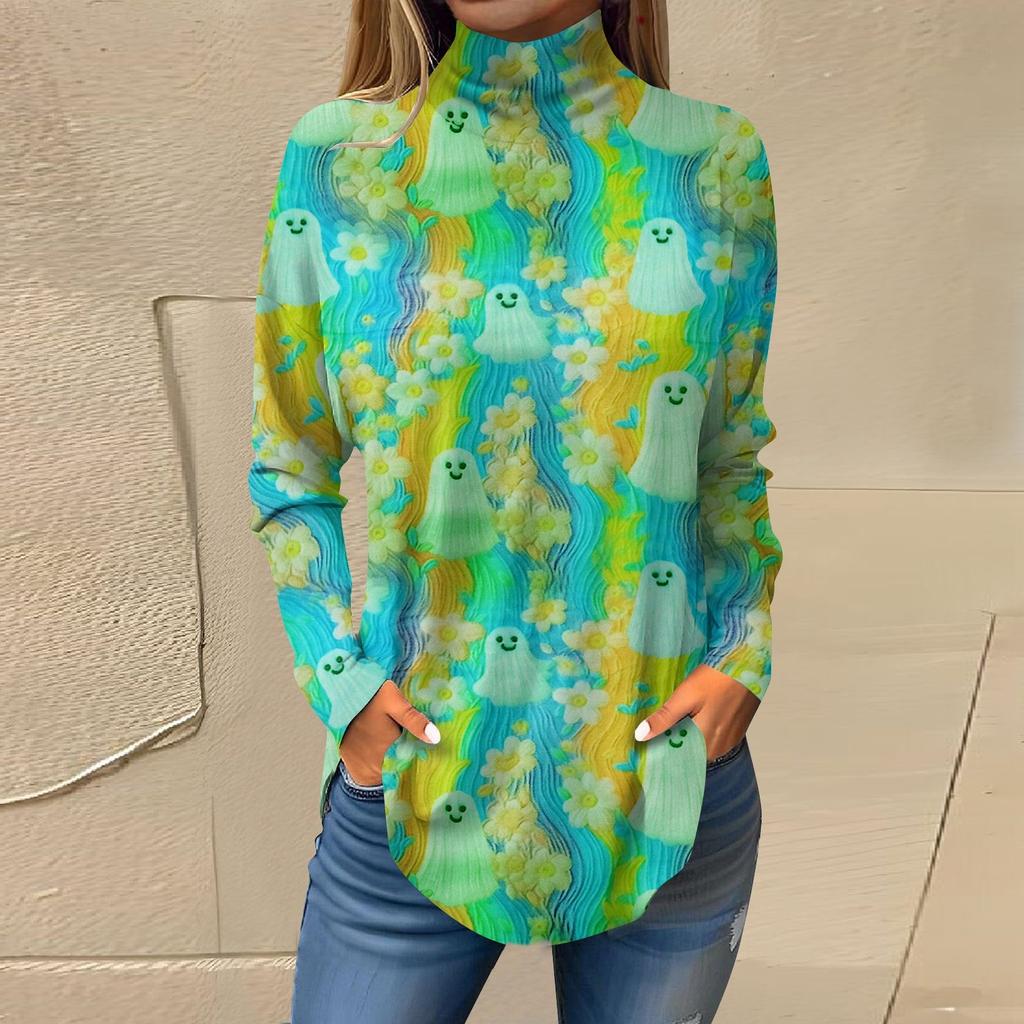 Dam Lös Höghalsad Tryckt Långärmad T-shirt Topp Pullover För Halloween