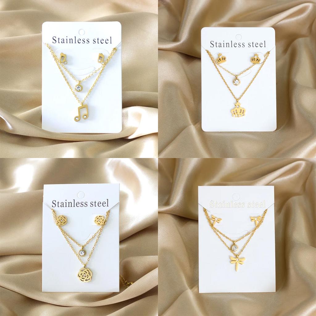 Double Chains Necklace And Earrings Zircon Sets Female Wedding Party Cubic Zirconia 316L Stainless Steel Pendant Zircon Gifts