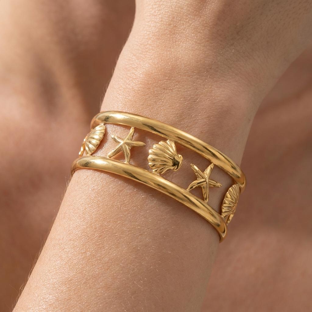 Stainless Steel Metal Shell Starfish Bracelet for Women Vintage Exaggerated Flower Wide Cuff Bangle Girls Beach Party Jewelry