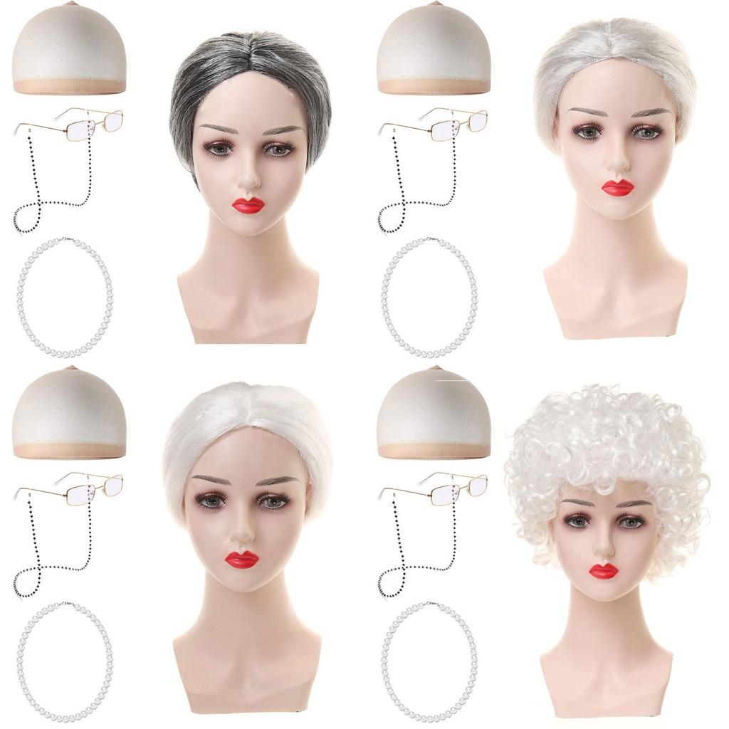 Set Parrucca Riccia da Nonna Corta Per Costume di Halloween Con Vari Colori alla Moda