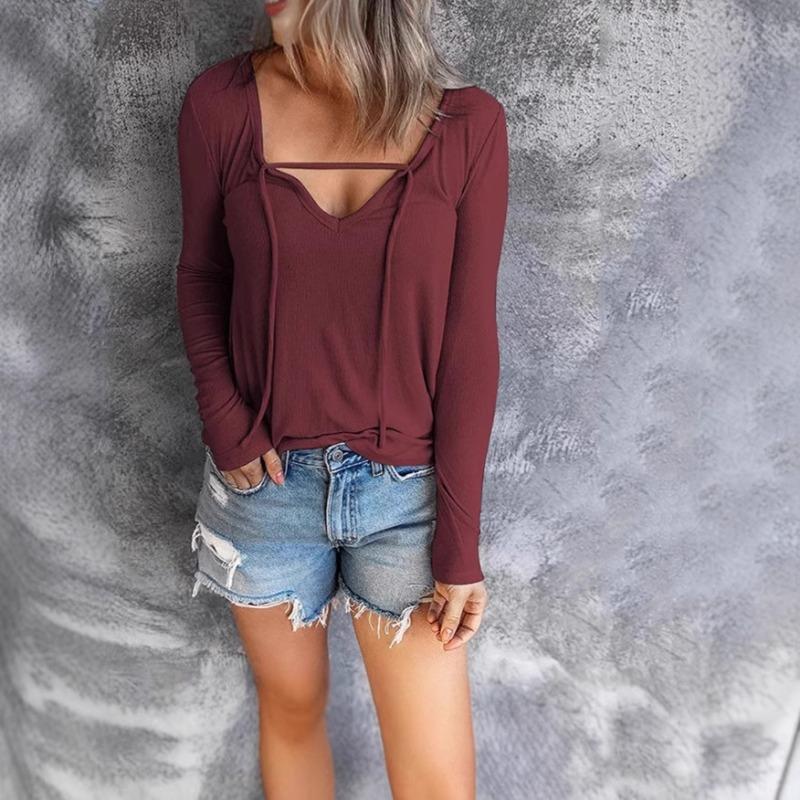 Damen Herbst und Winter Lässig V-Ausschnitt Kordelzug Einfarbig Pullover Dünn Langärmlig Absatz T-Shirt Oberteile