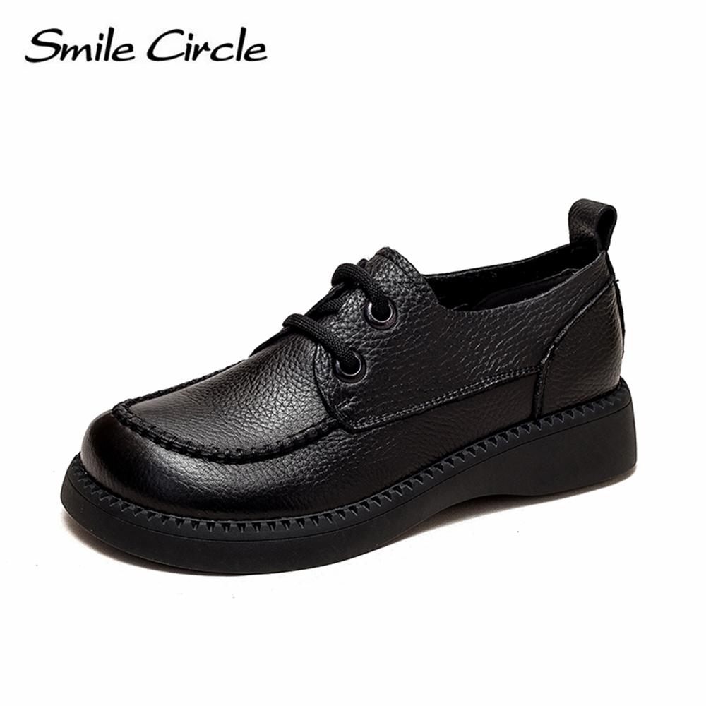 Damen-Schuhe aus Naturleder, klobige, flache Schuhe, zum Schnüren, modische Freizeitschuhe, niedrige Oberseite, runder Kopf, Damen-Arbeitsschuhe