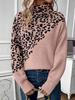 Leopard Print High Neck Pullover Sweater - Long Sleeve, Loose Fit, Casual Autumn/Winter Knitwear.