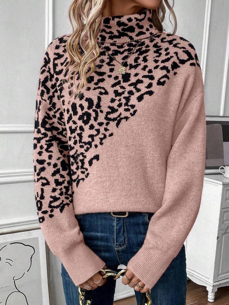 Leopard Print High Neck Pullover Sweater - Long Sleeve, Loose Fit, Casual Autumn/Winter Knitwear.