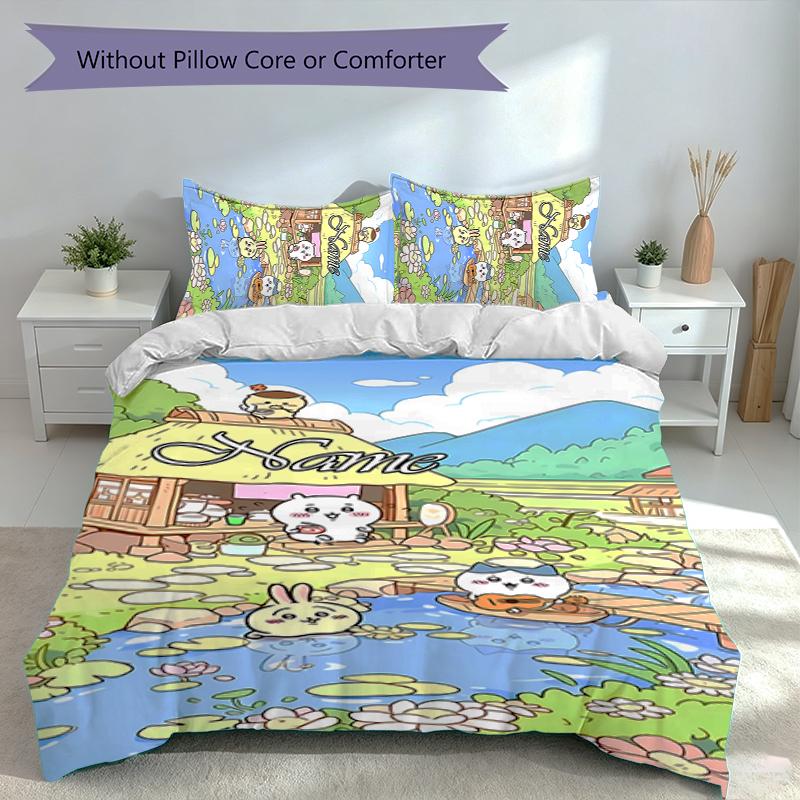 3pcs Custom Name Chiikawa Set,Includes 1 Duvet Cover and 2 Pillowcases,All-season Bedroom Decor