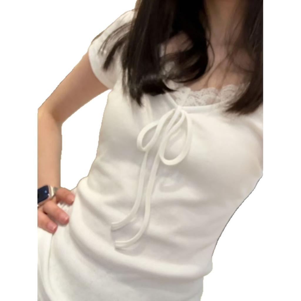 Shoulder Skinny V-Neck Sweet Slim Short Sleeve T-Shirt Women's Summer Unique Korean Lace Design Versatile Fashion Top