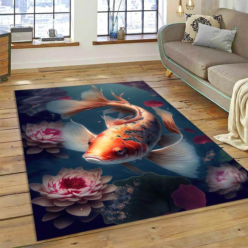 שטיח מצויר דגי קוי יין יאנג טבעיים לבית, לסלון, לחדר השינה, לספה, שטיחון כניסה, קישוט, שטיח אזור לילדים, מחצלת מונעת החלקה