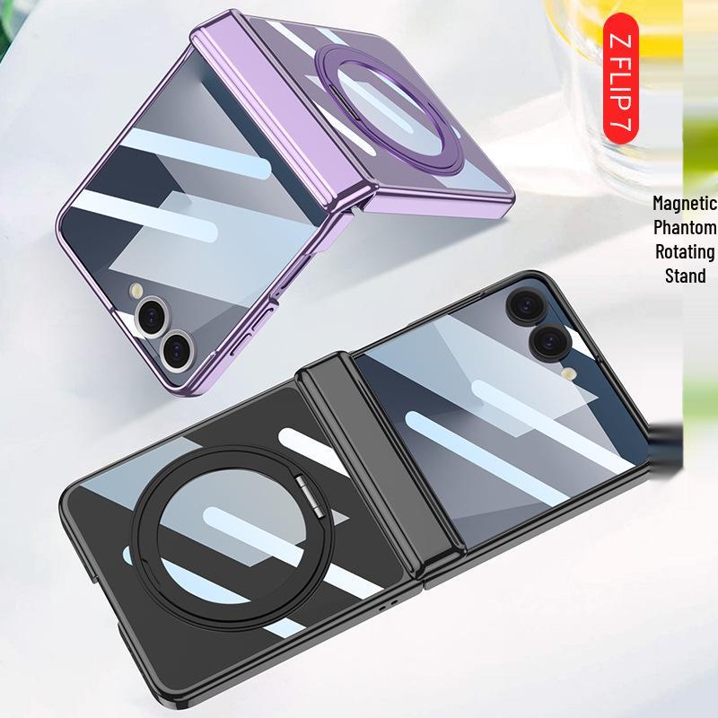 Samsung Z Flip7 Case: 360° Rotating Stand with Wireless Charging, Flip6 Compatible, Transparent Protective Hinge Cover