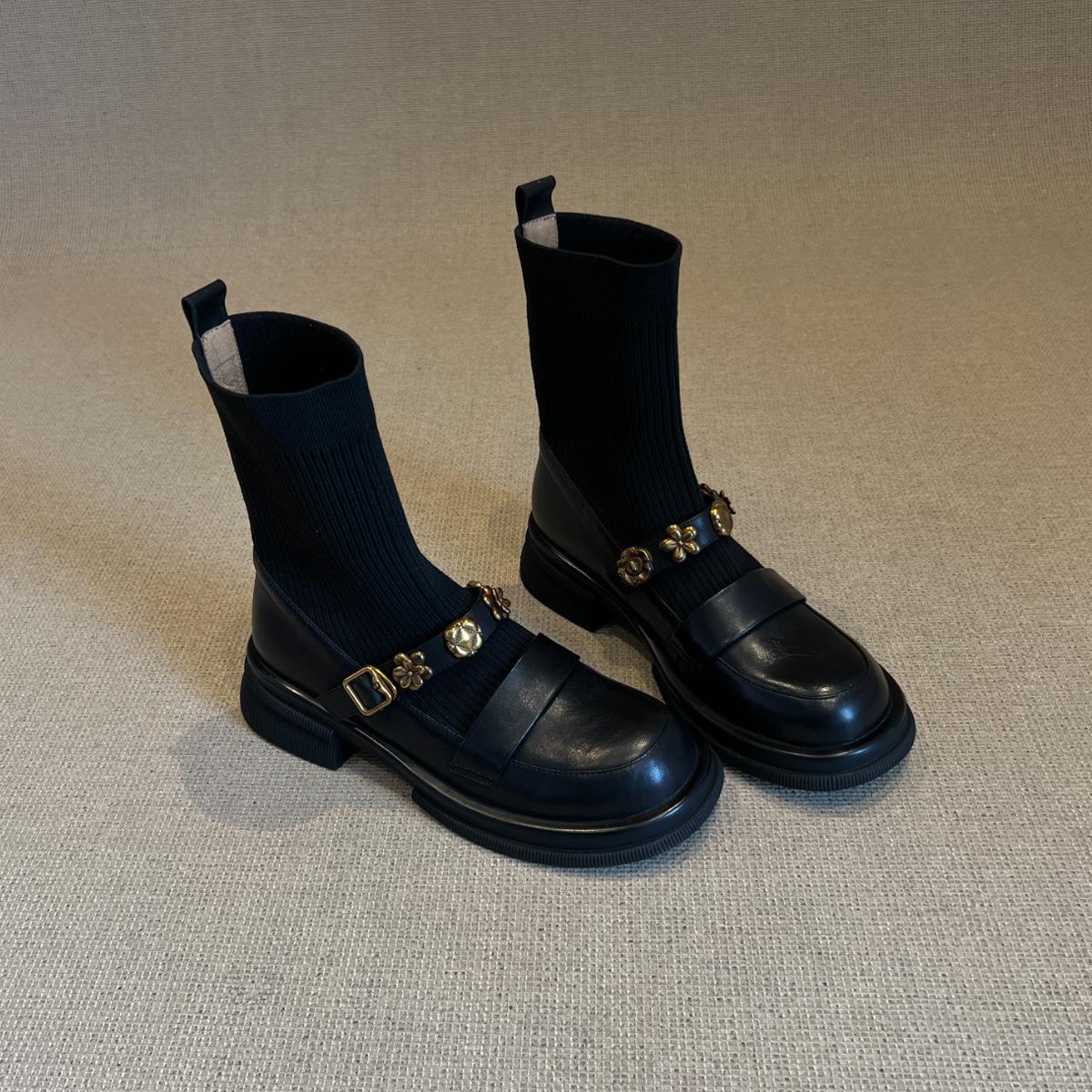 

Эластичные короткие ботинки на толстой подошве с металлической пряжкой, трикотажные тонкие ботинки в стиле ретро-колледжа, женские универсальные мокасины 40