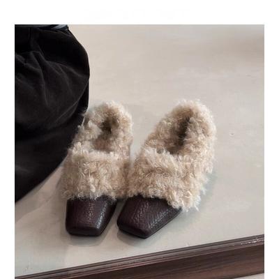 New Square-toed One-foot Height-increasing Single Shoes for Women with Thick Heels and Fleece