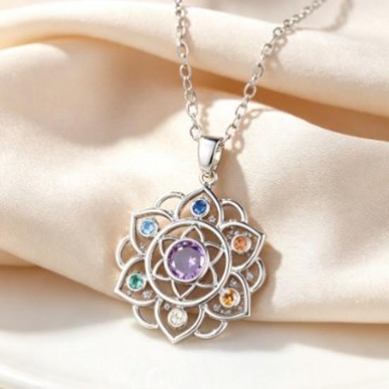 Seven Chakra Lotus Gemstone Necklace for Women Niche spiritual retro hollow flower pendant