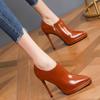 2025 Spring Cowhide Pointed To Platform Thin Heels Pumps Super High Heel Side Zipper Single Shoe Commuter Shoes