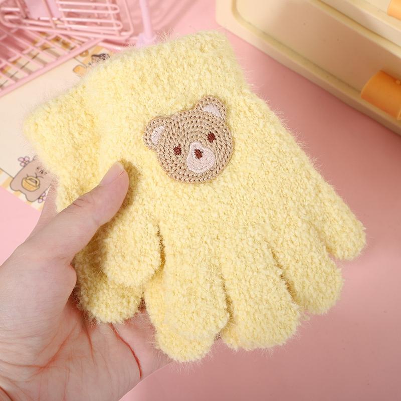 Fashion Bear Baby Fluffy Gloves Cartoon Pattern Gloves Solid Color Full Finger Knitted Mittens Girls