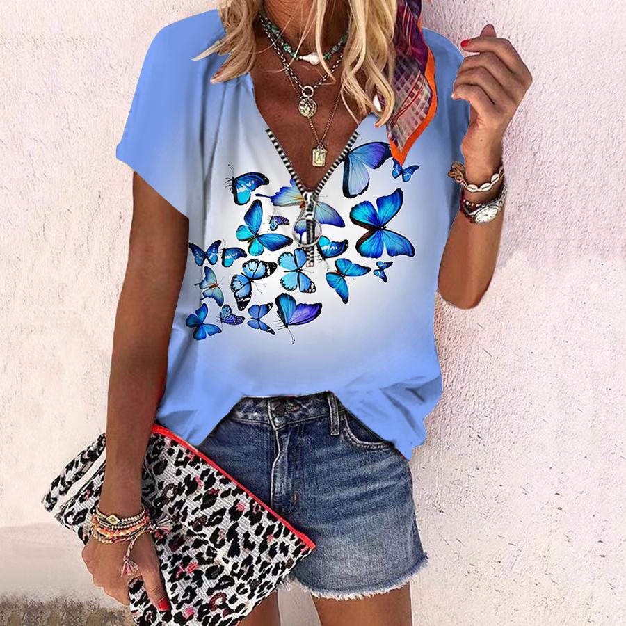 

Женский топ, летний новый модный топ с розовым цветком и розовой бабочкой, повседневный топ на молнии с v-образным вырезом и короткими рукавами 8XL светло-синий