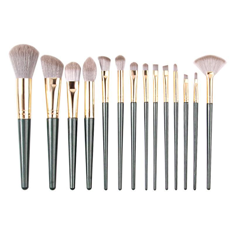 14-Piece Green & Blue Makeup Brush Set - Includes Eyeshadow, Face Brushes, and Portable Case