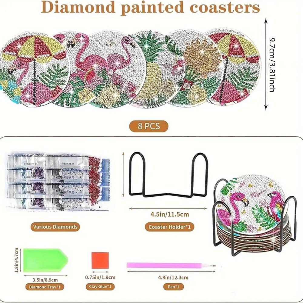 8 Pieces/set of Pink Goose Diamond Painted Coasters with Brackets DIY Coasters for Beginners and Adults, Art and Craft Supplies Gifts