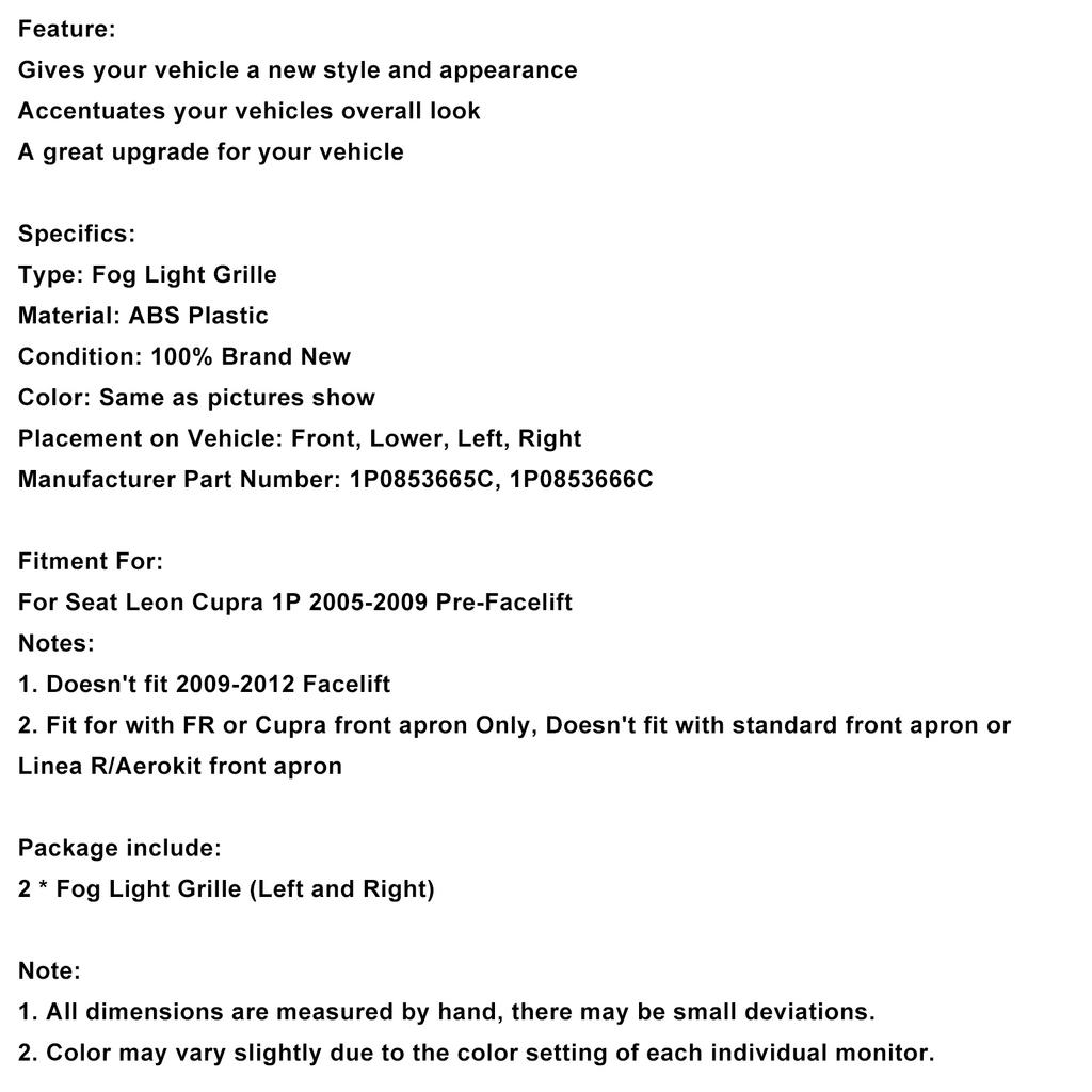 2PCS Front Bumper Fog Light Cover Grille Grill Fit Seat Leon Cupra 2005-2012