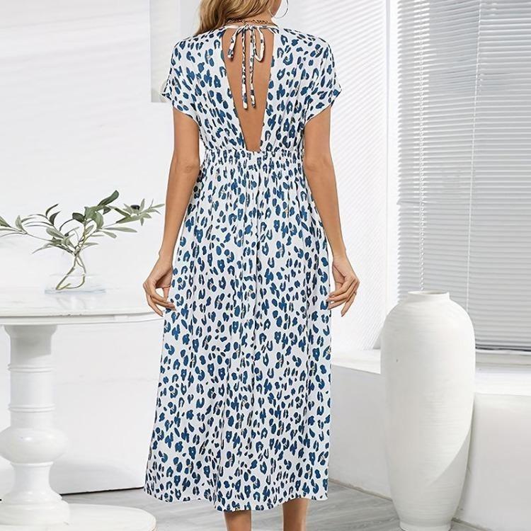 Bohemian Summer Dress V Neck Printed Short Sleeve Beach Holiday Women One Piece