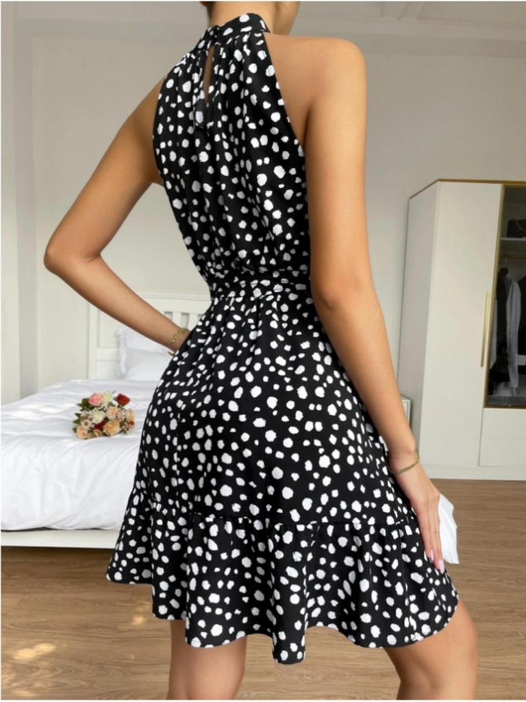Halter Neck Round Dot Dress Lace Up Ruffle Edge Dress Sleeveless Chiffon Dresses Causal Women Dress