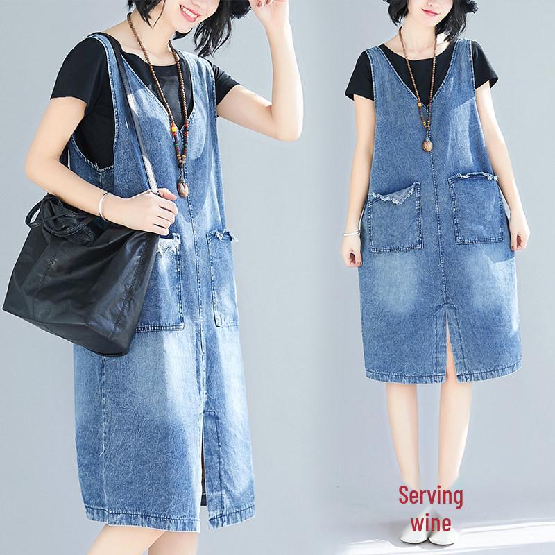 Women's Casual Denim Dress - Mid-Length, Round Neck, Loose Slimming Fit, Retro Style, Plus Size, Perfect for Spring and Summer
