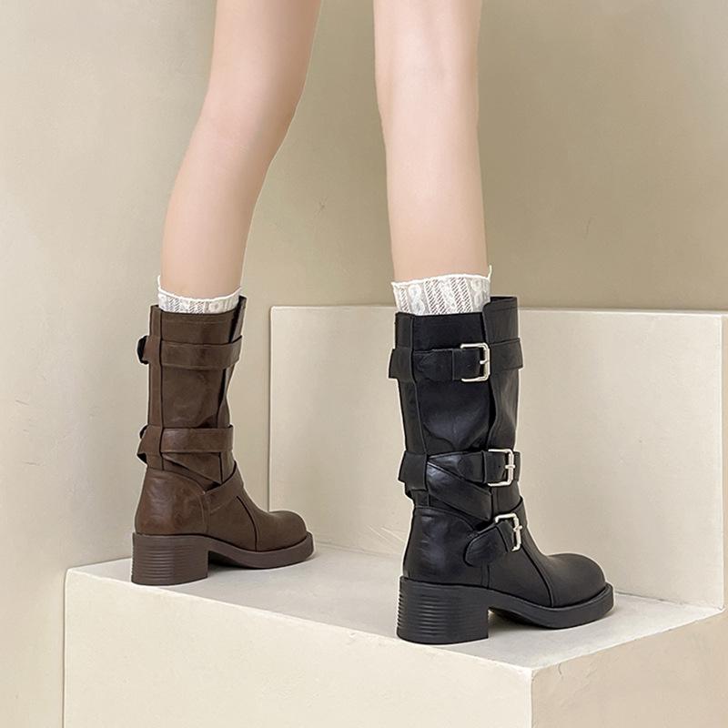British Style Platform High-heeled Martin Boots Women's Autumn and Winter Fashion Versatile Design Belt Buckle Heightening Fashion Boots Short Boots