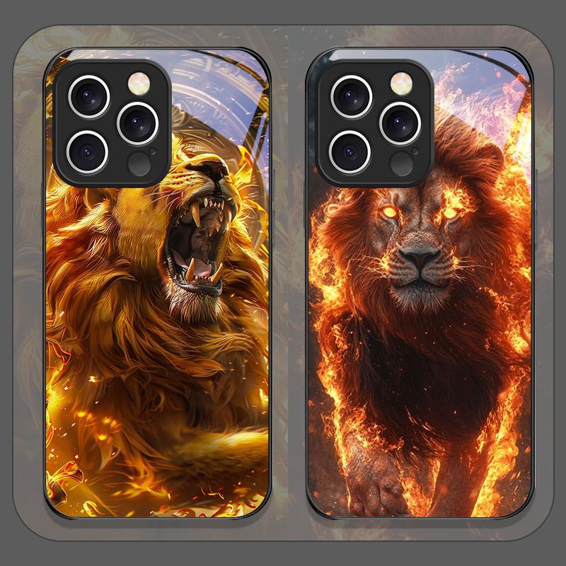 Luxurious Golden Flame Lion Pattern Tempered Glass Phone Case for IPhone 16 Pro Max 15 14 13 12 Mini 11 PRO XS XR 7 8 Plus Cover