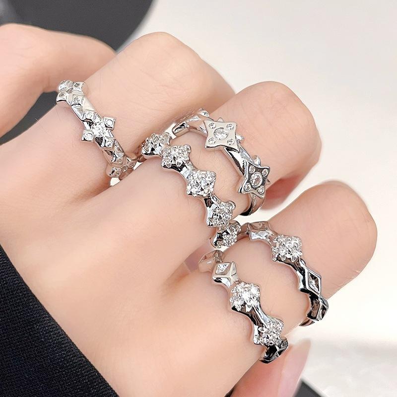 Hexagram Sweet Cool Wind Inlaid Zir*****Pen Ring Plain Ring Design Sense Light Luxury Personalized Ring Niche Jewelry