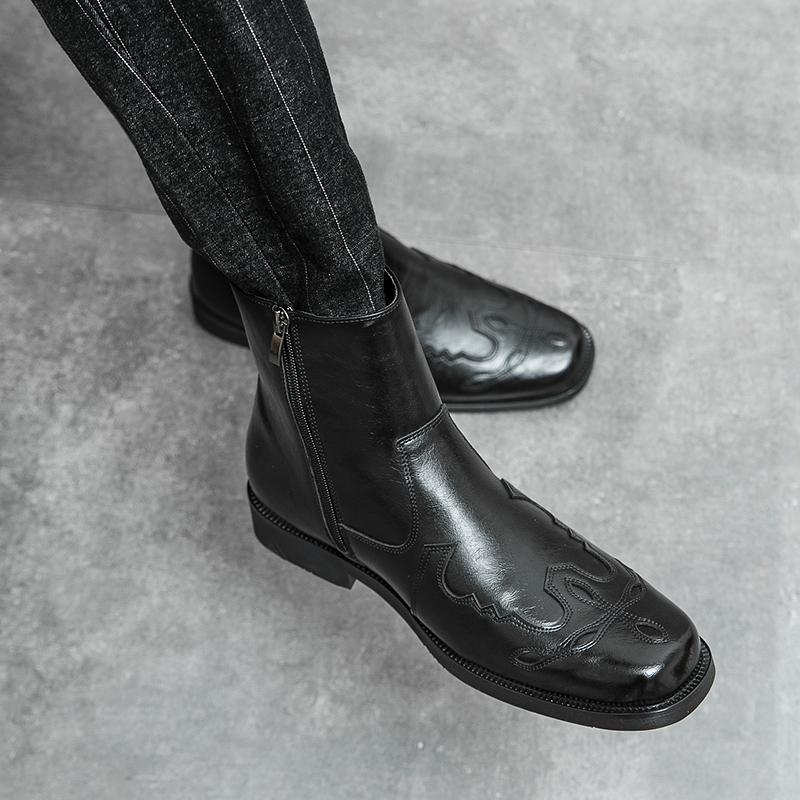 High Quality Casual Leather Boots Men Western Cowboy Leather Shoes Male Fashion Men's High Top British Outdoor Boots Shoes Male