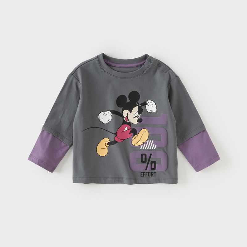 Disney Ip David Bella Boys  Fake Two-Piece Color-Blocked Long-Sleeved T-Shirt 2026 Spring New Pure Cotton Mickey Top Gray [Spot] 120
