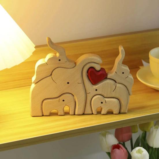 Wooden Elephant Family Puzzle Ornament Love Heart Mother Father Baby Elephant Jigsaw Table Sign Home Office Desktop Decoration