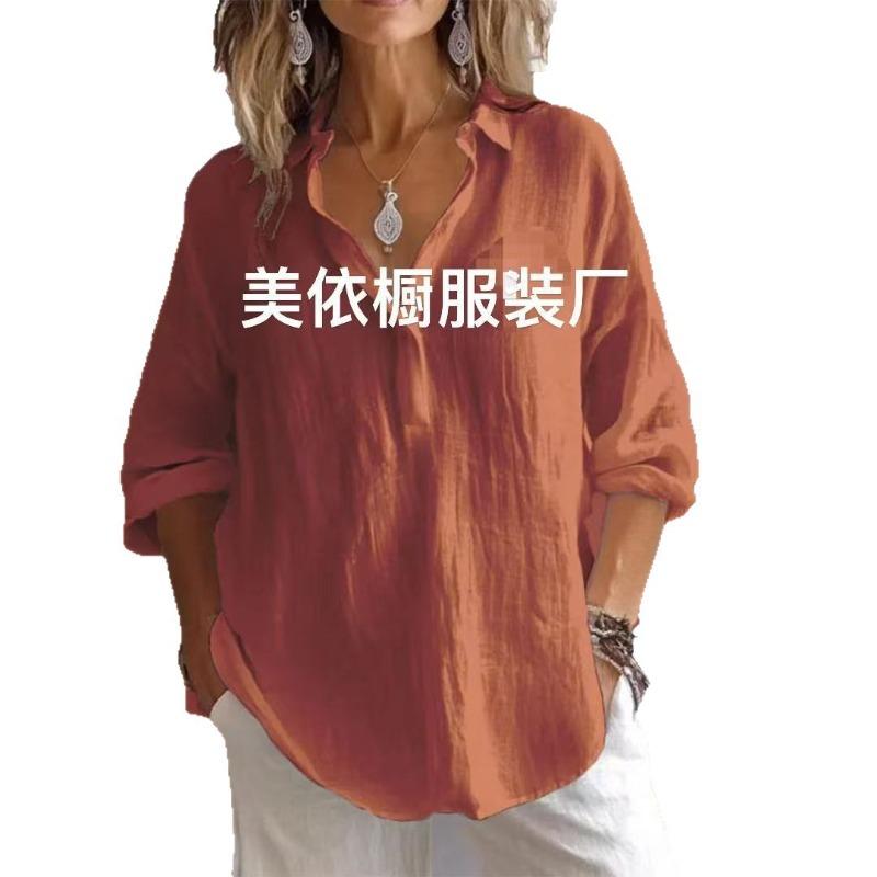 Women's Spring Summer Solid Color Loose Long Sleeve Linen V-Neck Casual Shirt Blouse