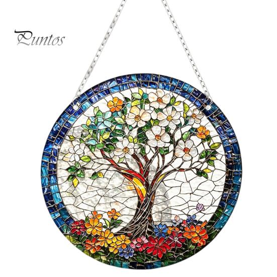 Leichtes Dekoratives Kunstobjekt Acryl-Fensteraufhänger im Buntglas-Stil, Lebensbaum & Winterwald Bunter Hängeornament Runder Sonnensammler