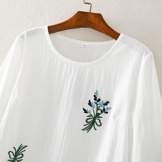 Women Summer T-shirt Flower Embroidery Three-quarter Sleeve Loose Plus Size Round Neck Match Pants A-line Breathable Retro Spring Summer Top Women