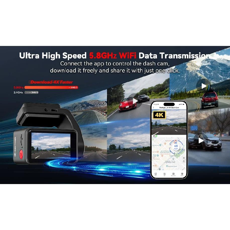REDTIGER  A4 4k Dash Cam Front and Rear Drive Recorder GPS& 5G WiFi Touch Screen Night Vision 24H Parking Mode Voice Control