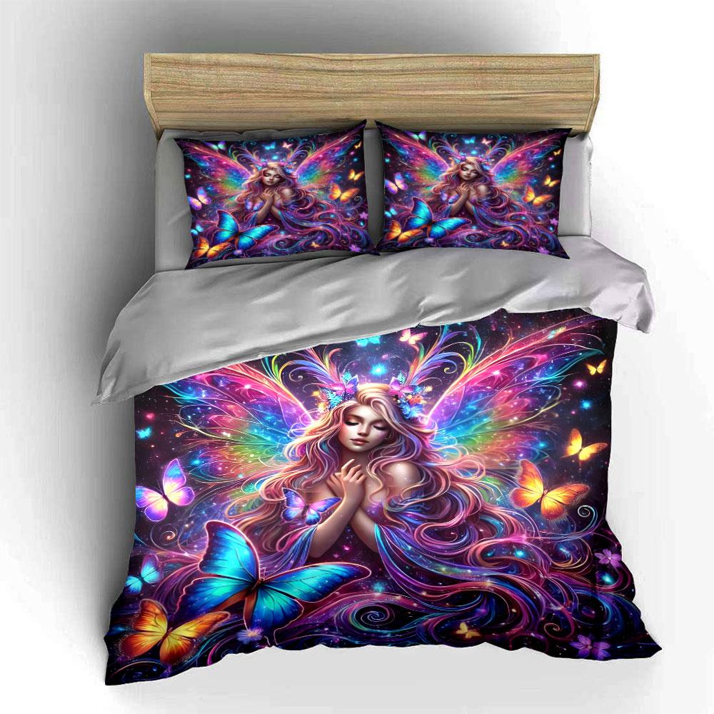 Butterfly Fairy Art Decor Set Bedding Set With 1 Duvet Cover 2 Pillowcases Single Double King Queen, Gift