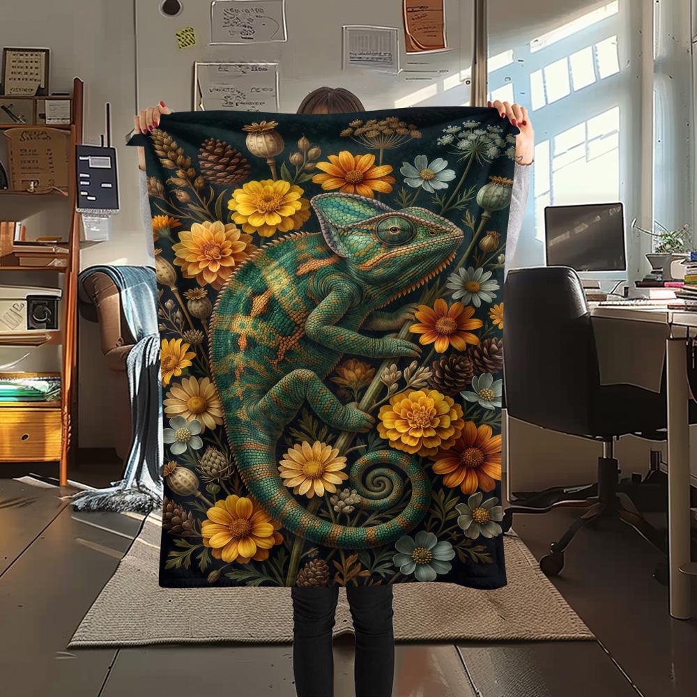 1PC Chameleons and Plants Print FlAannel Blanket, High quality Comfortable for All Seasons, Home Decor, Warmth and Comfort