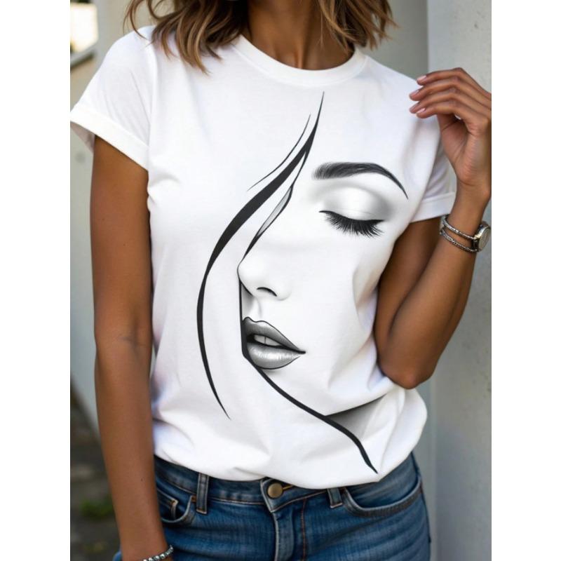 Summer Round Neck 3D Facial Depiction Pattern Print Top Fashionable Casual Short Sleeved Women's T-shirts