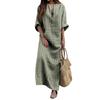 Vintage Stripe Print V-Neck Long Sleeve Women Loose Cotton Linen Maxi Dress