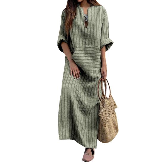 Vintage Stripe Print V-Neck Long Sleeve Women Loose Cotton Linen Maxi Dress