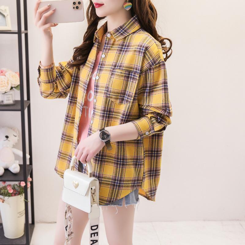 Camisa holgada de manga larga a cuadros para mujer, estilo coreano, chaqueta informal y versátil para estudiantes para primavera y otoño, talla grande, algodón