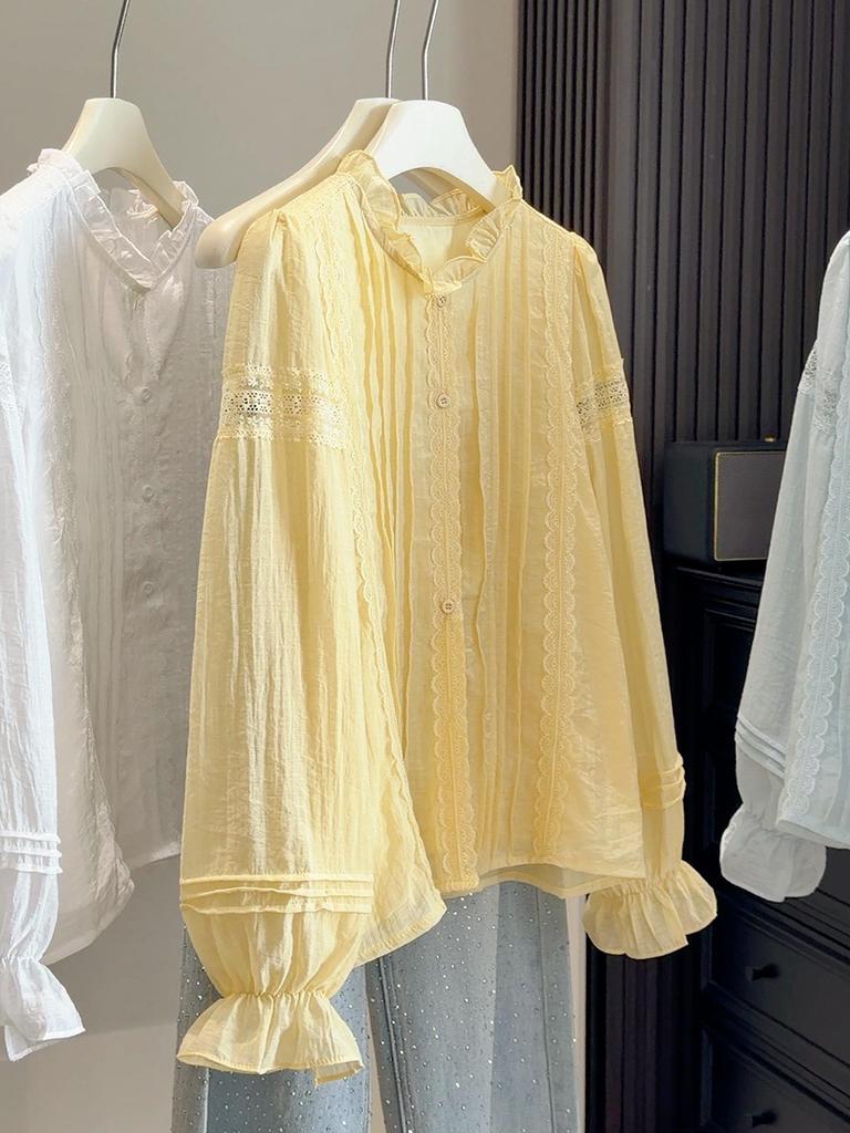 Korean Style High-End Lace Patchwork Lantern Sleeve Shirt for Women - Spring Fashion Top