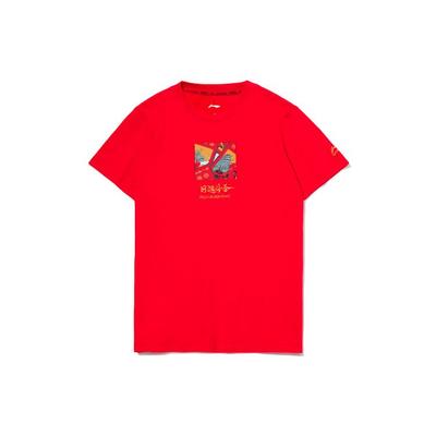 Li Ning Sports Fashion Series Daily Progress Cartoon Round Neck Short Sleeve T-Shirt Women Tops Cinnabar-Red AHSR002-1