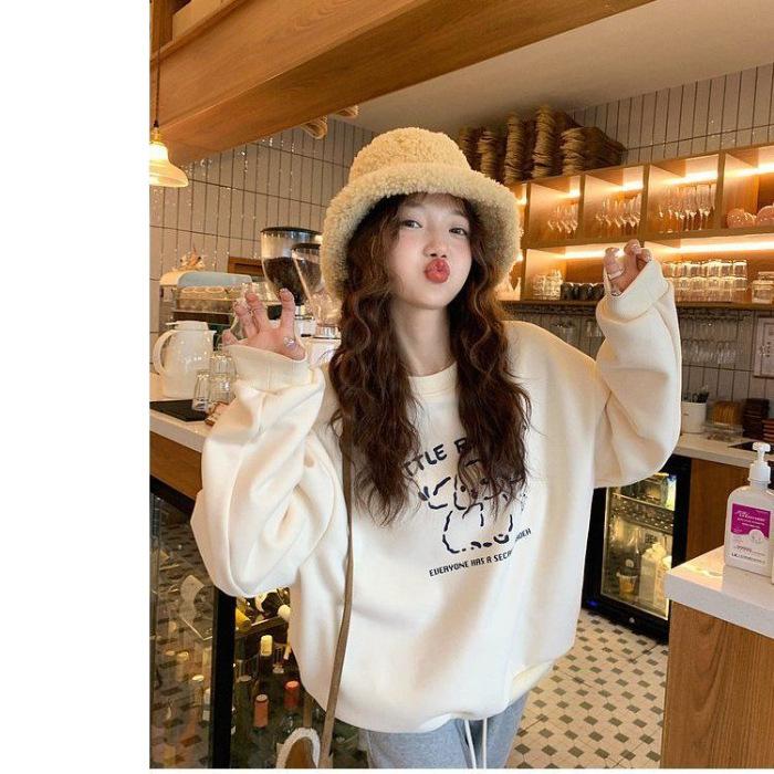 Fleece cute little milk dog print crew neck versatile sweater autumn and winter casual pullover women's men's and women's trendy brand