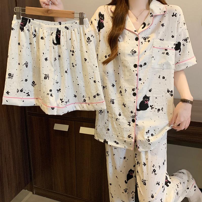 Cute Black Cat Wind Summer Pajamas Women'S Cloud Cotton Short-Sleeved Student Thin Loungewear Three-Piece Set