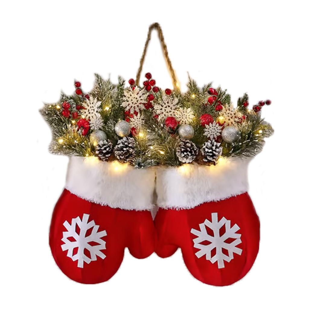 Julhandskar Dörrkrans med Ljus Dörrdekoration LED Juldekoration för Vägg Ytterdörr Fönster Öppen spis