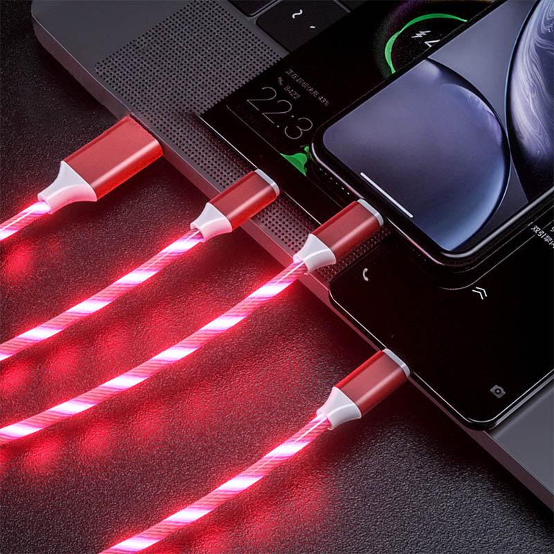 3 In 1 Glowing Charging Cable For Android Huawei XiaoMi Iphone Fashion Light Charging Cable 3A Fast Charging
