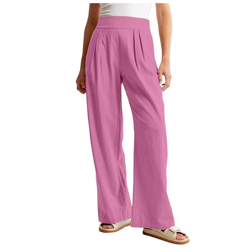Women'S Summer Linen Blend Ultra Wide-Leg Pant Long Slacks High Waist Trousers Pocket